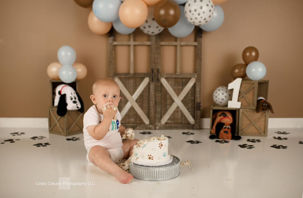 A baby in a white onesie sits on the floor, playfully eating and smashing a small cake. The scene is decorated with brown, blue, and white balloons, dog-themed items, and a wooden backdrop. A number "1" stands to the side, marking a first birthday.
