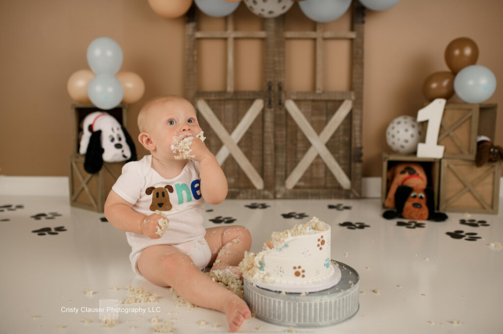 A baby sitting on the floor in front of a paw print-themed cake, taking a bite. The baby wears a white onesie with "one" on it. The background includes balloons, wooden crates, and a large number "1". Paws and dog plushies are around the scene.