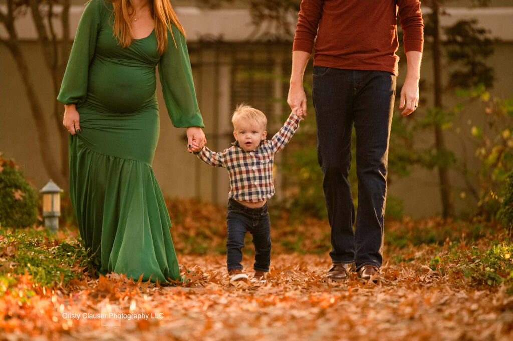 A pregnant woman in a green dress and a man in jeans hold hands with a small blonde toddler as they walk through autumn leaves outside, sunlight illuminating the scene. Cristy Clauser Photography