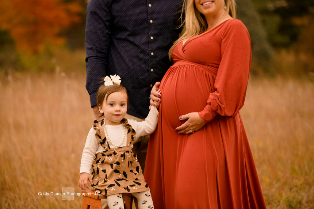 A pregnant woman in a rust-colored dress stands in a field holding her belly and hands with a small child wearing a bow and patterned dress, next to an adult in a dark shirt. Cristy Clauser Photography