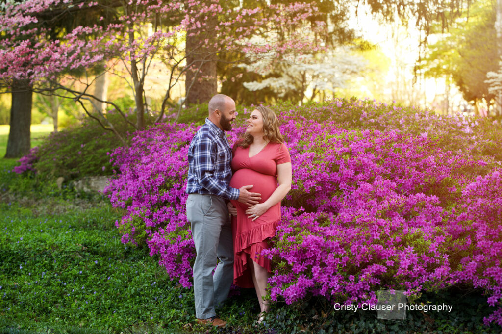 A couple stands in front of vibrant pink flowers and greenery. The woman, visibly pregnant in a coral dress, smiles at her partner, who gently holds her belly. Sunlight filters through trees in the background. Cristy Clauser Photography